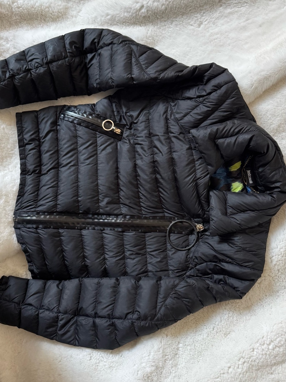 Just Cavalli Black Puffer Jacket with Gold Chain Detail 90% Duck down